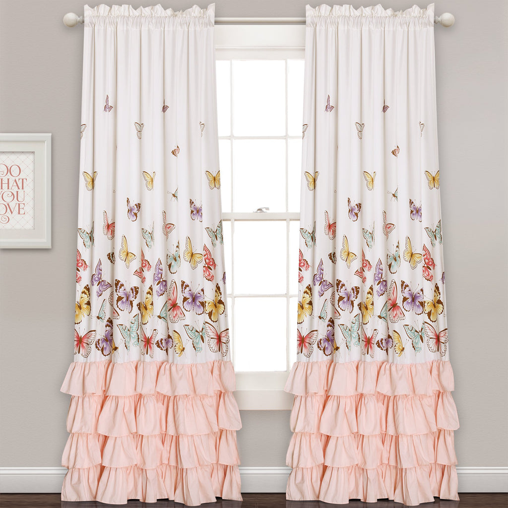 Lush Decor Flutter Butterfly Curtains | Ruffle Print Design Window Panel Set For Living, Dining, Bedroom (Pair), 84    X 52   ,