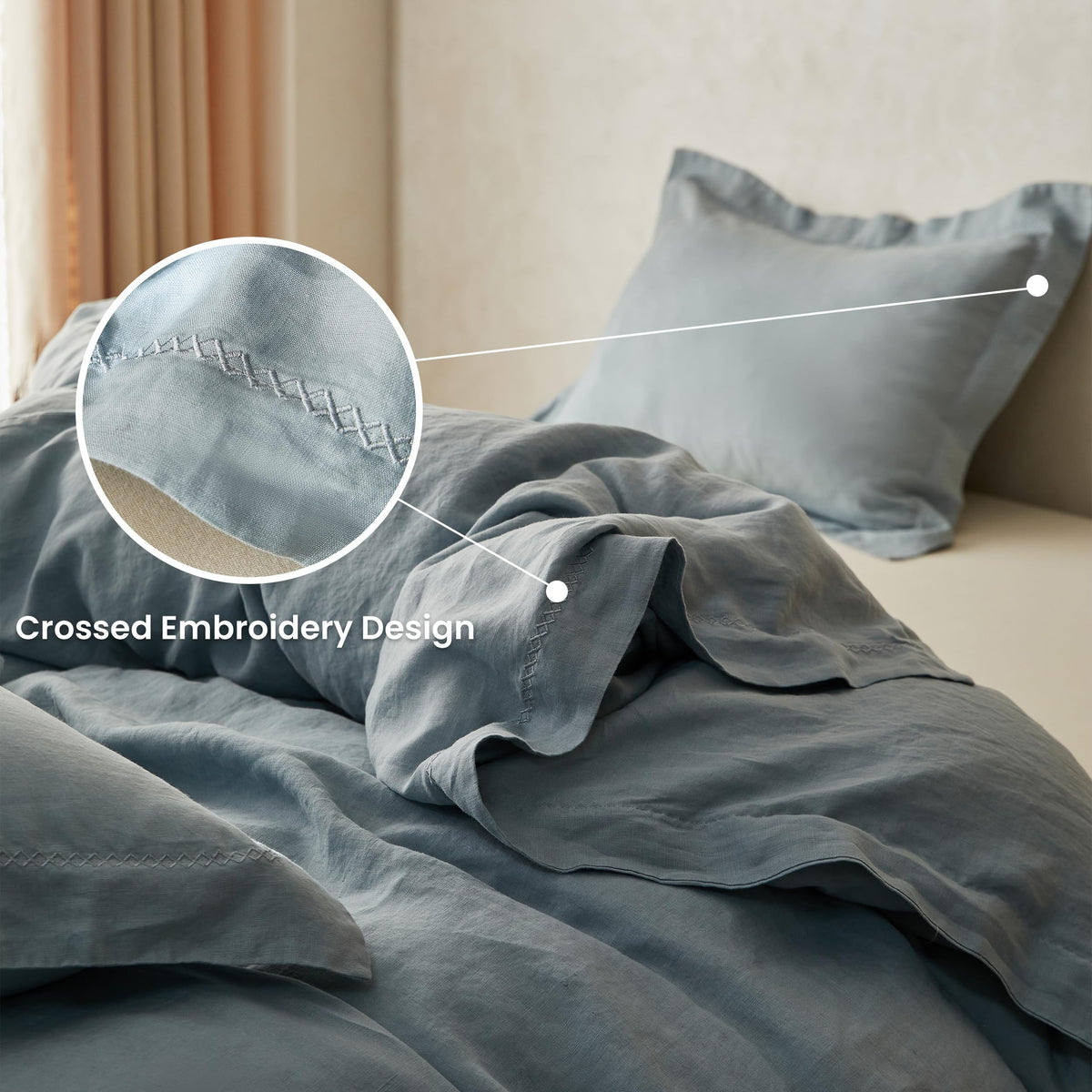 Simple&Opulence 100% Linen Duvet Cover Set With Crossed Embroidery Washed - 3 Pieces (1 Duvet Cover With 2 Pillow Shams) Soft Breathable Farmhouse - Dusty Blue, King Size