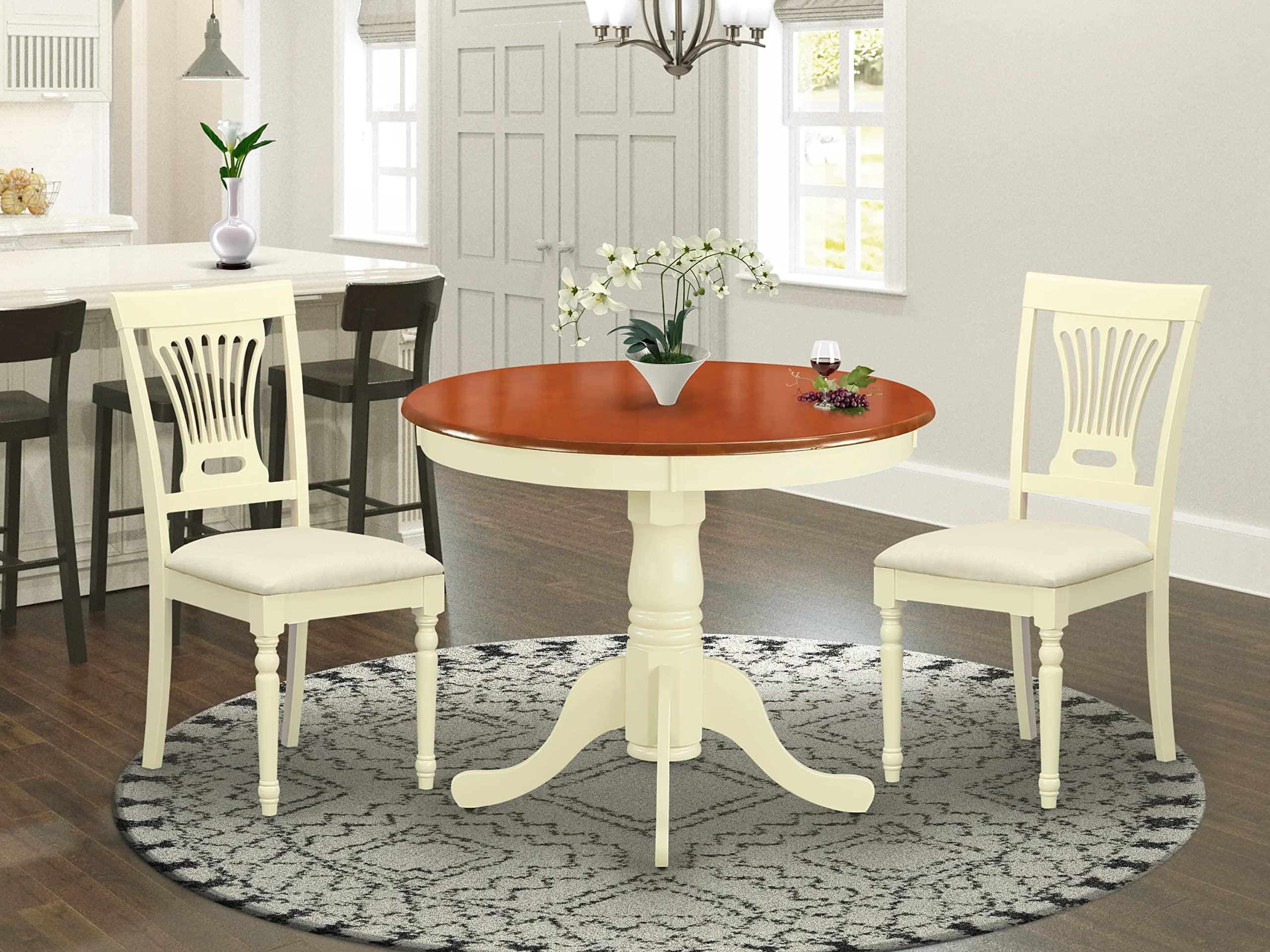 East West Furniture ANPL3-WHI-C 3 Piece Dining Table Set for Small Spaces Contains a Round Kitchen Table with Pedestal and 2 Linen Fabric Kitchen Dining Chairs, 36x36 Inch, Buttermilk & Cherry