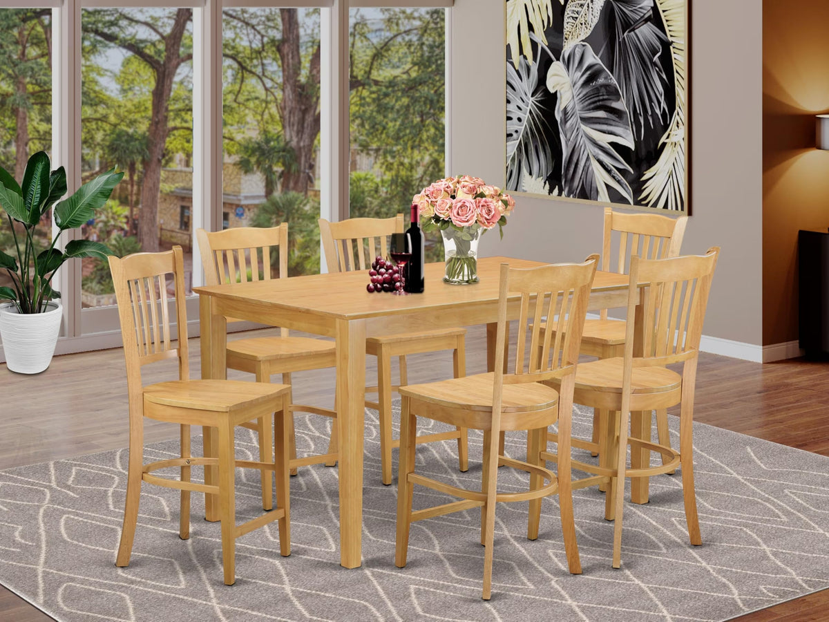 East West Furniture CAGR7H-OAK-W 7 Piece Counter Height Dining Set Consist of a Rectangle Kitchen Table and 6 Dining Room Chairs, 36x60 Inch, Oak