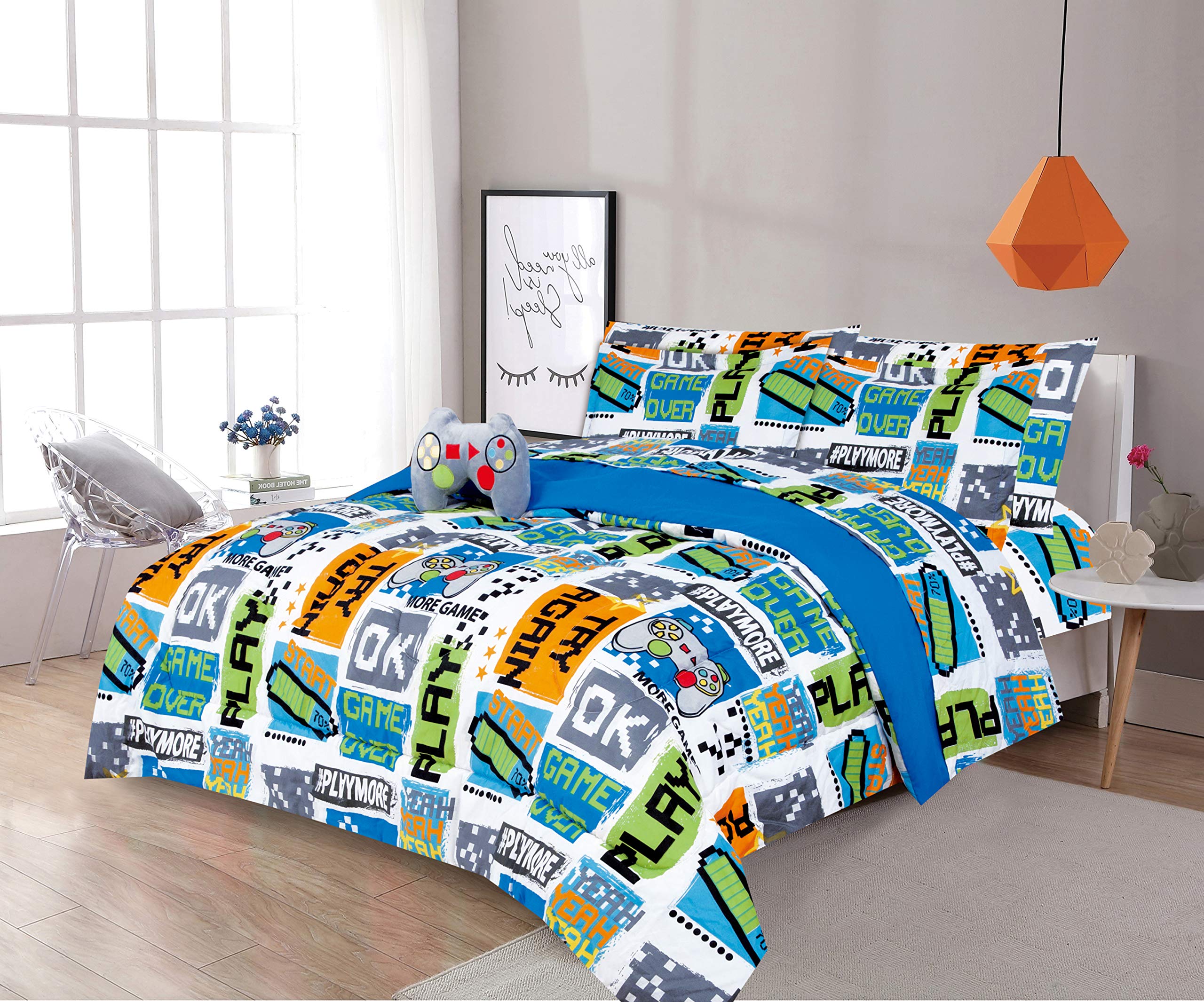 Sapphire Home 4 Piece Gamer Full Kids Comforter Set - Kids Bedding - Pillow Sham, Decorative Toy Pillow - Toddler Bed Kit, Video