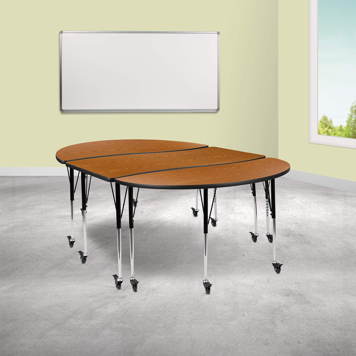 Flash Furniture Emmy 3 Piece Mobile 86" Oval Wave Flexible Oak Thermal Laminate Activity Table Set-Standard Height Adjustable Legs