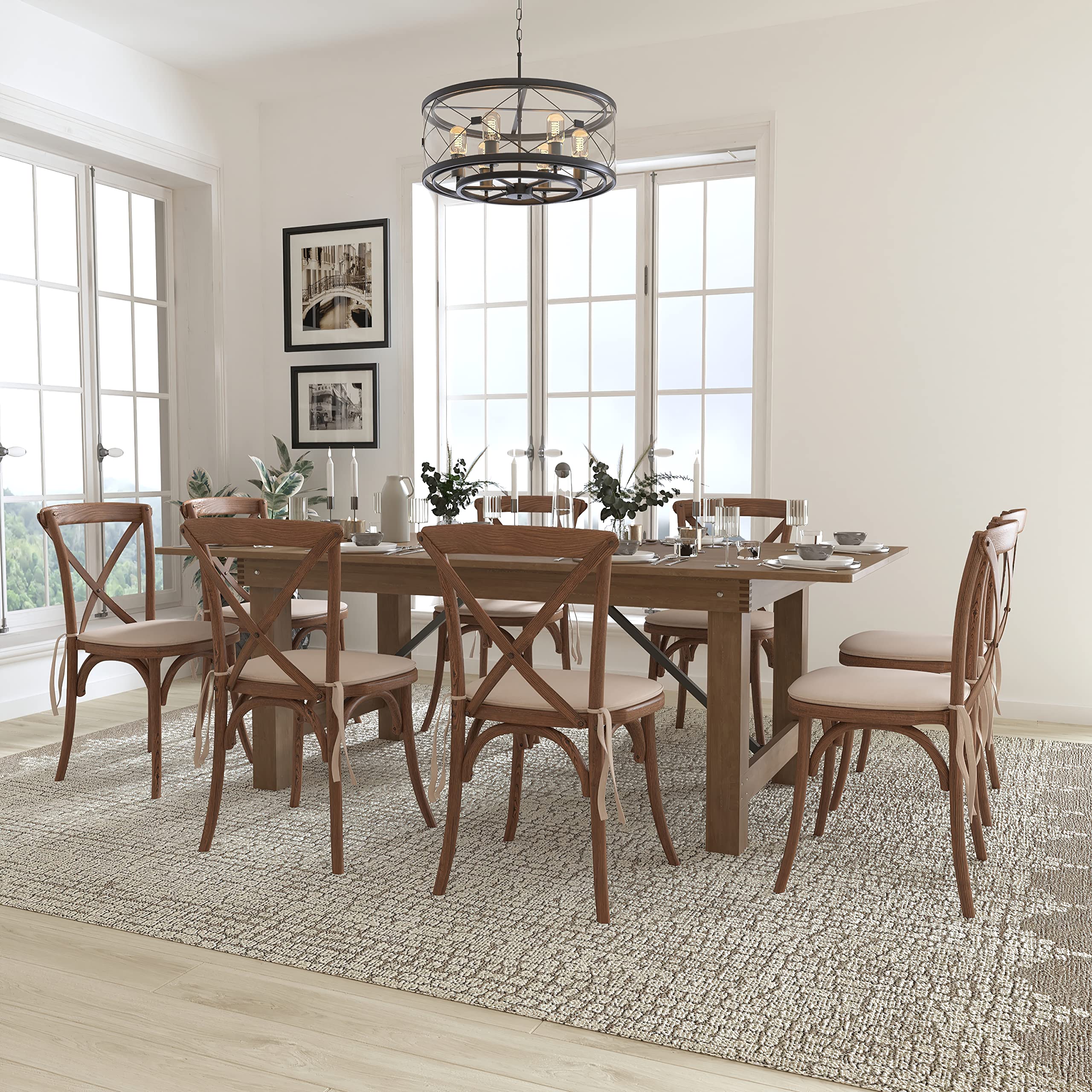 Flash Furniture HERCULES Series 7' x 40'' Antique Rustic Folding Farm Table Set with 8 Cross Back Chairs and Cushions