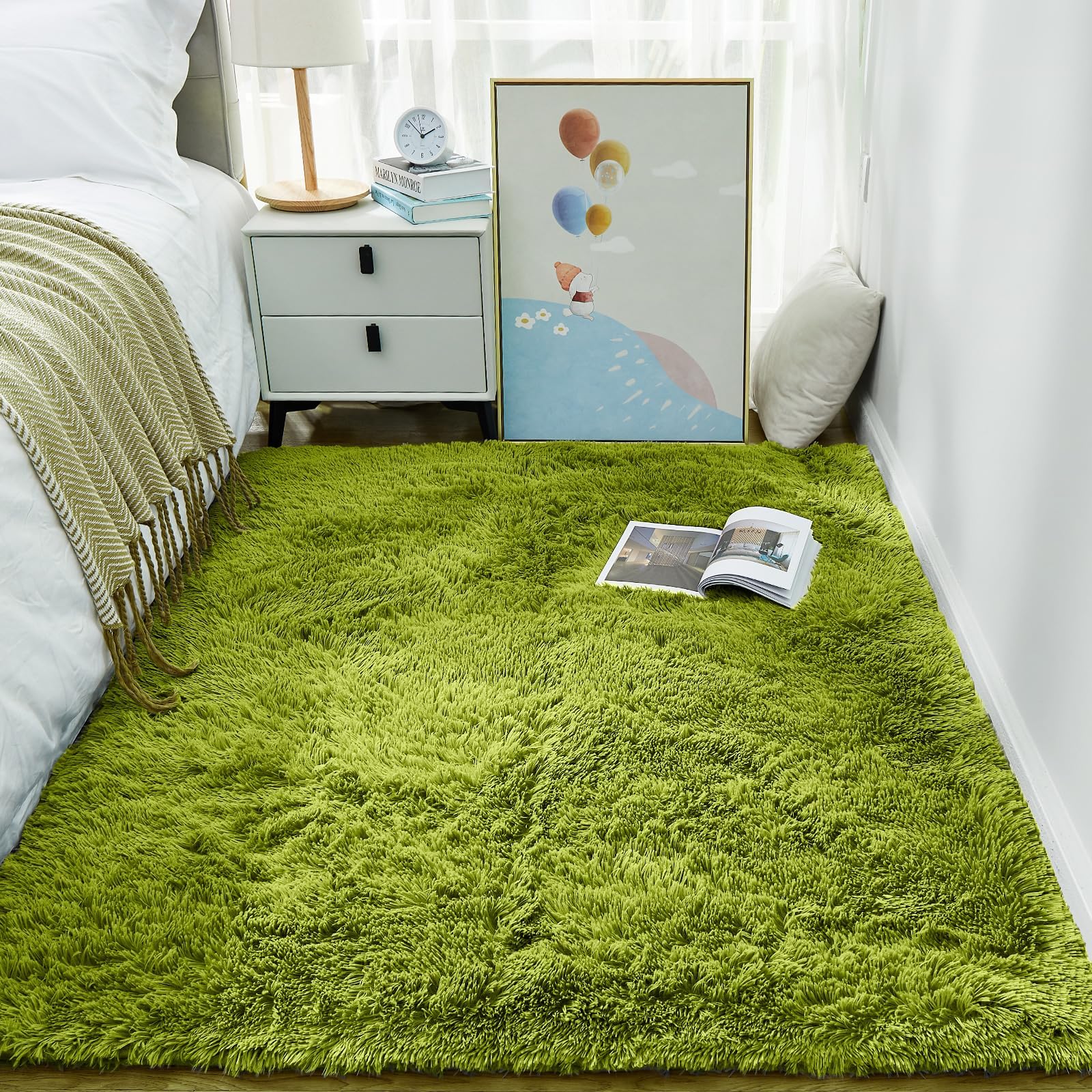 Ophanie Green Grass Area Rugs for Bedroom, 3x5 Shag Fluffy Carpet, Fuzzy Furry Plush Soft Cute Kids Baby Girls Shaggy Bedside Fl