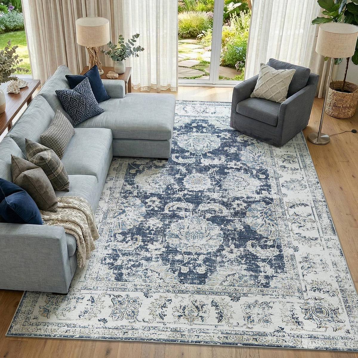 jinchan 9x12 Vintage Floral Rug, Large Washable Living Room Rug, Dark Blue
