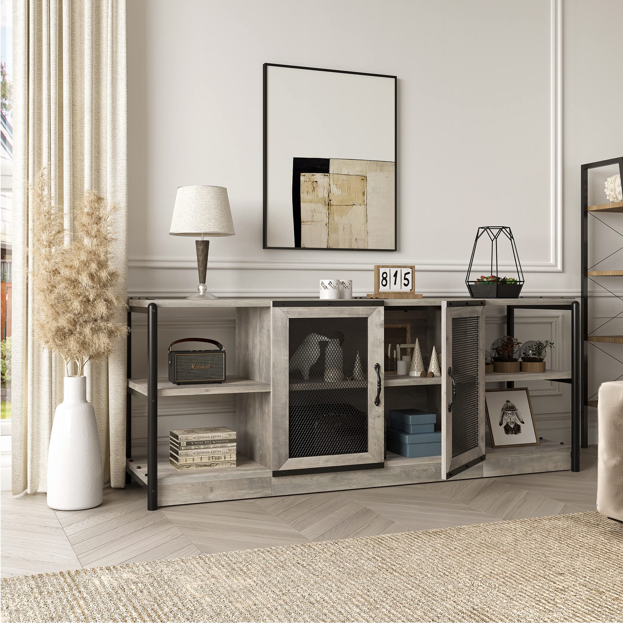 Idealhouse Tv Stand For 65 Inches Tvs, Farmhouse Entertainment Center With Storage Cabinet And Mesh Doors, Industrial Tv Media Console Cabinet Table, Media Furniture For Living Room, Rustic Grey
