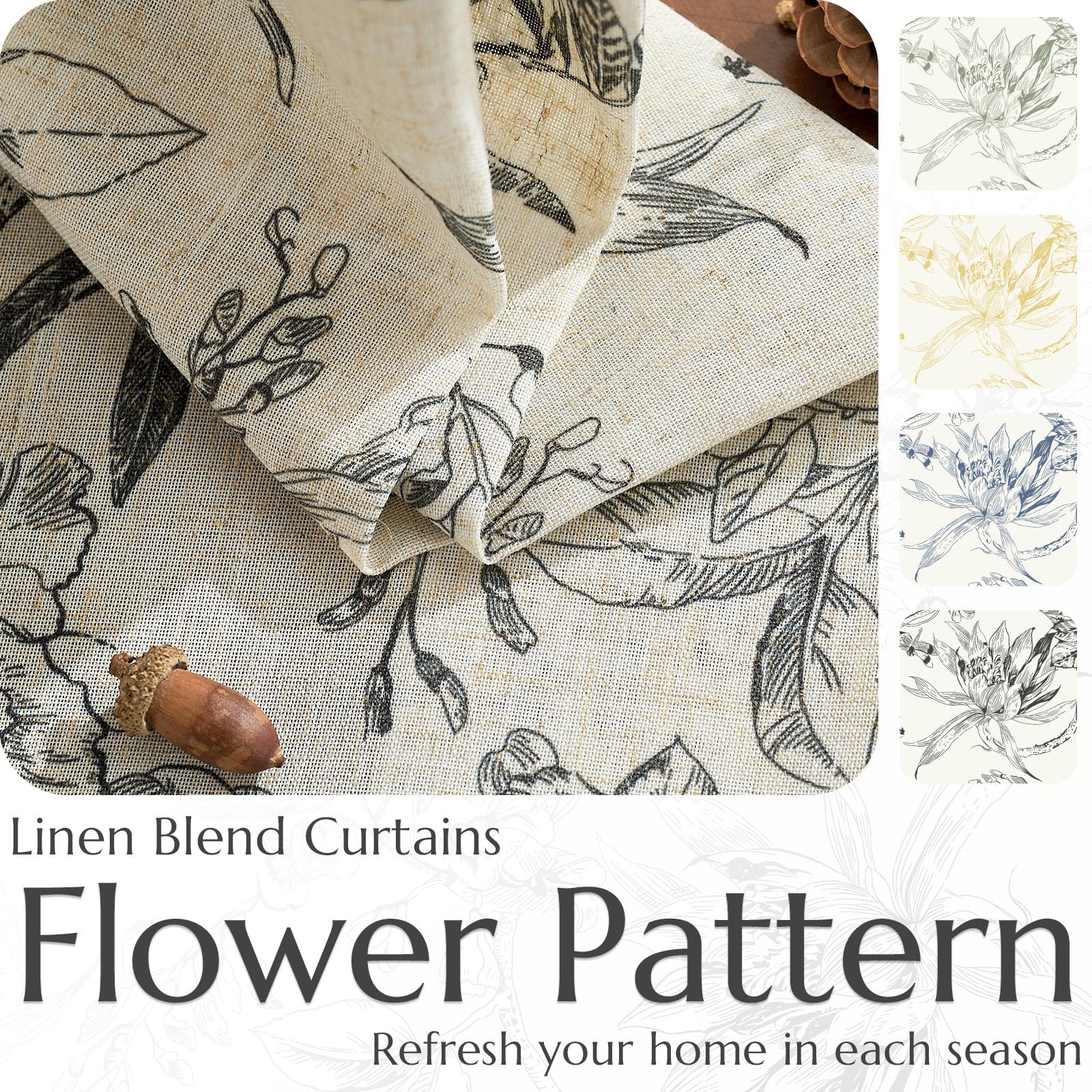 Jinchan Floral Curtains 84 Inches Long Black Flower Linen Farmhouse Curtains For Living Room French Country Vintage Curtains Rod Pocket Curtains Set 2 Panels Balck Flower Printed Curtains