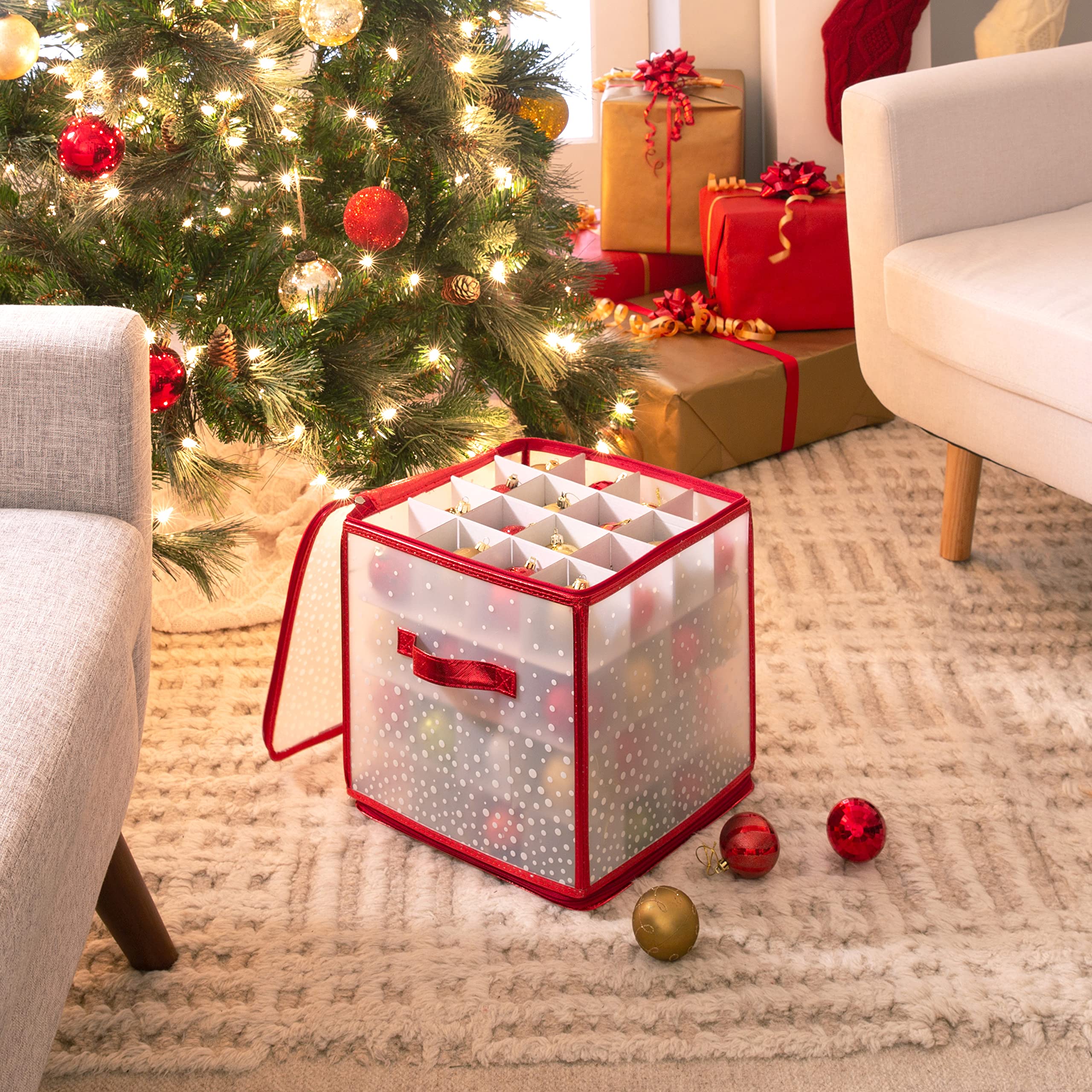 Simplify 64 Count Ornament Storage Box | Plastic | Decorative Organizer | Storage Bin | Red | L12 X W12 X H12