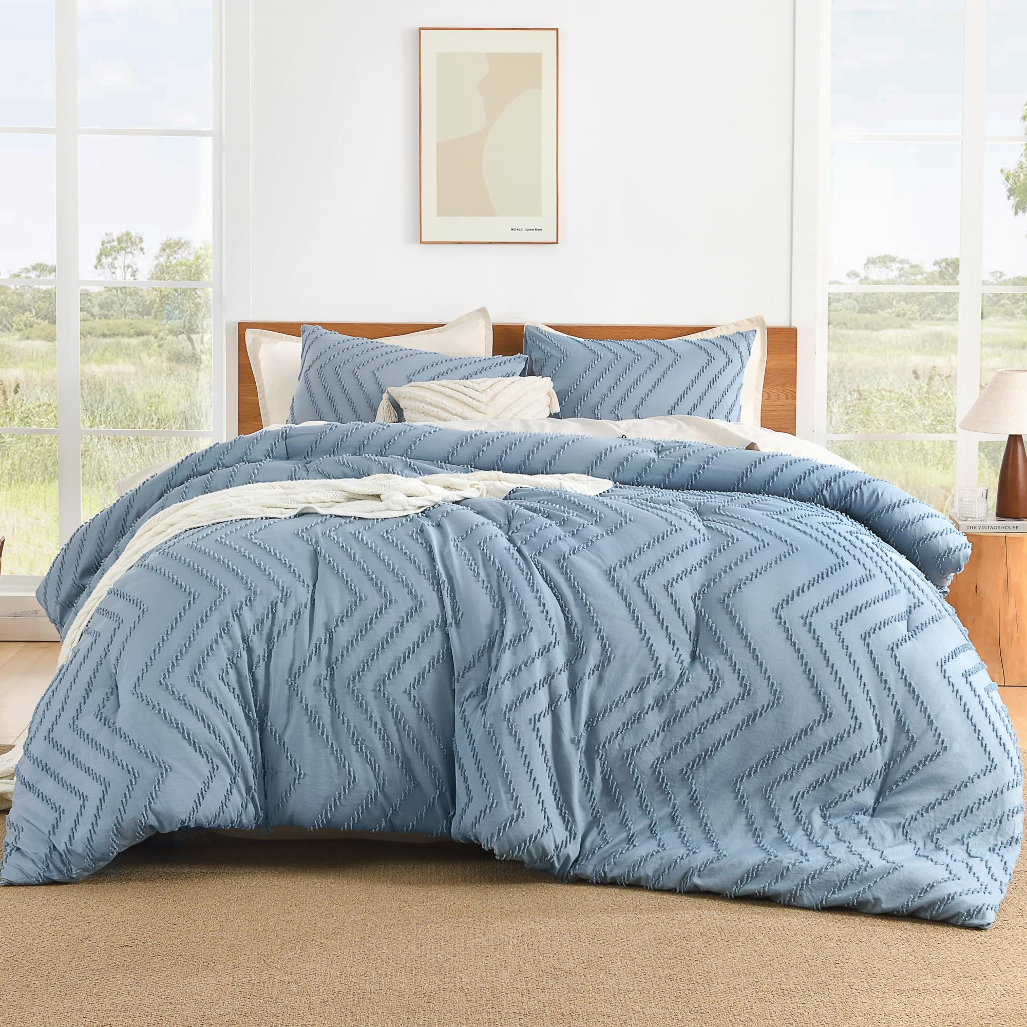 Litanika Grayish Blue California King Comforter Set, 3 Pieces Cal King Oversized Chevron Tufted Bedding Comforter Sets, Fluffy B