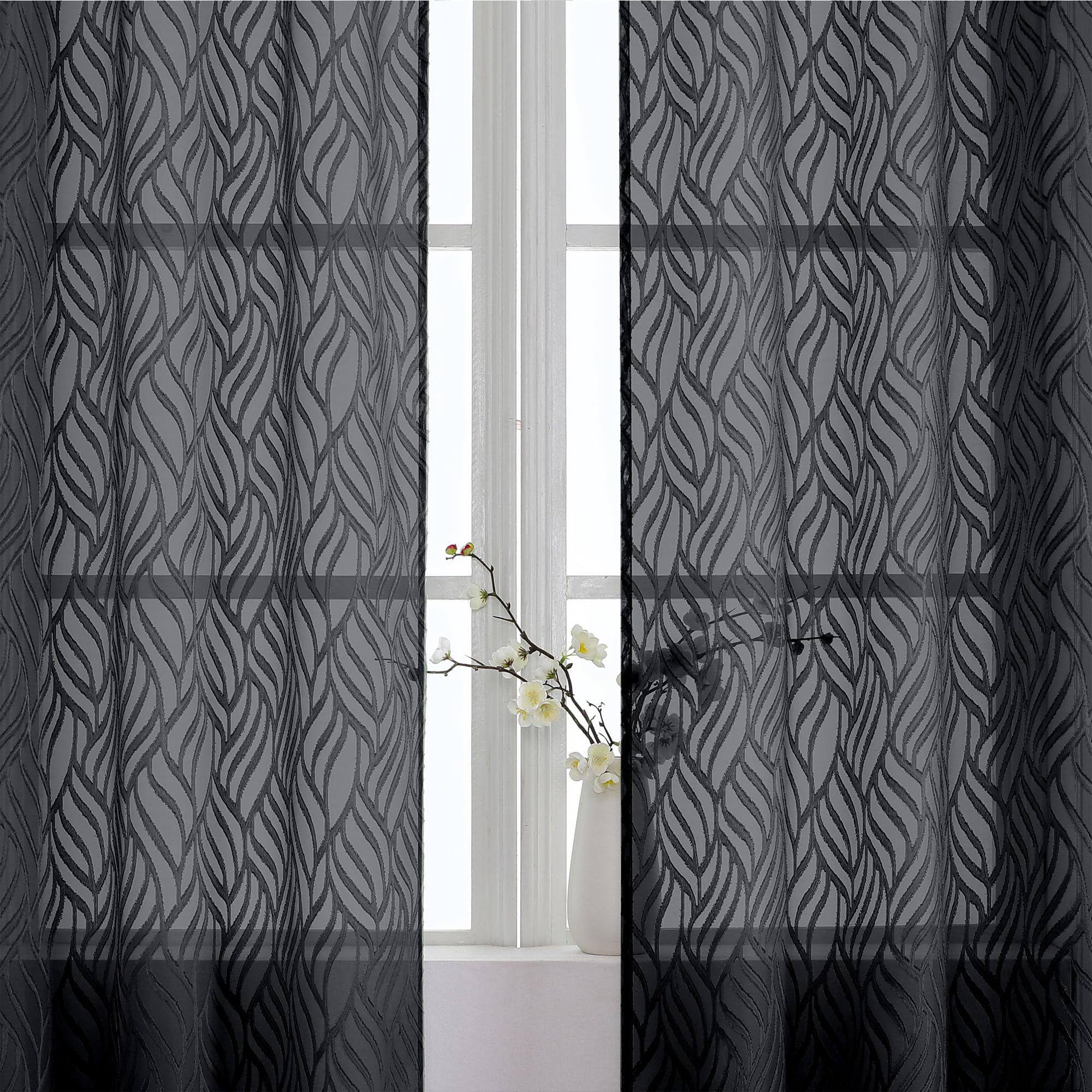 Chyhomenyc Marilyn Black Sheer Curtains 63 Inch Length 2 Panels, Light Filtering Soft Airy 3D Leaf Clip Jacquard Textured Sheer