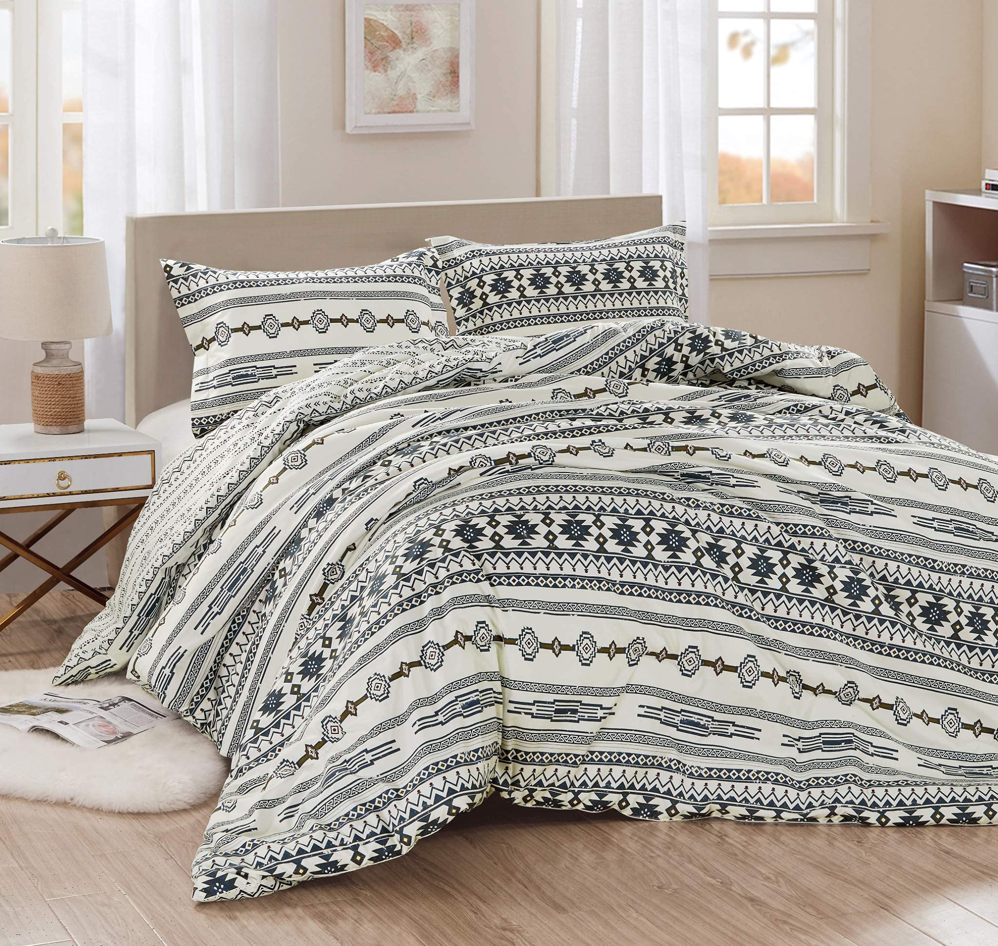 Chezmoi Collection Colby 3Piece Western Geometric Tribal Ivory Navy Brown Red Printed PreWashed Microfiber Reversible Comforte