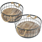 Stonebriar 2Pc Round Stackable Metal Wire And Wood Basket Set With Rope Handles, Rustic Decor For Home Storage, Decorative Servi