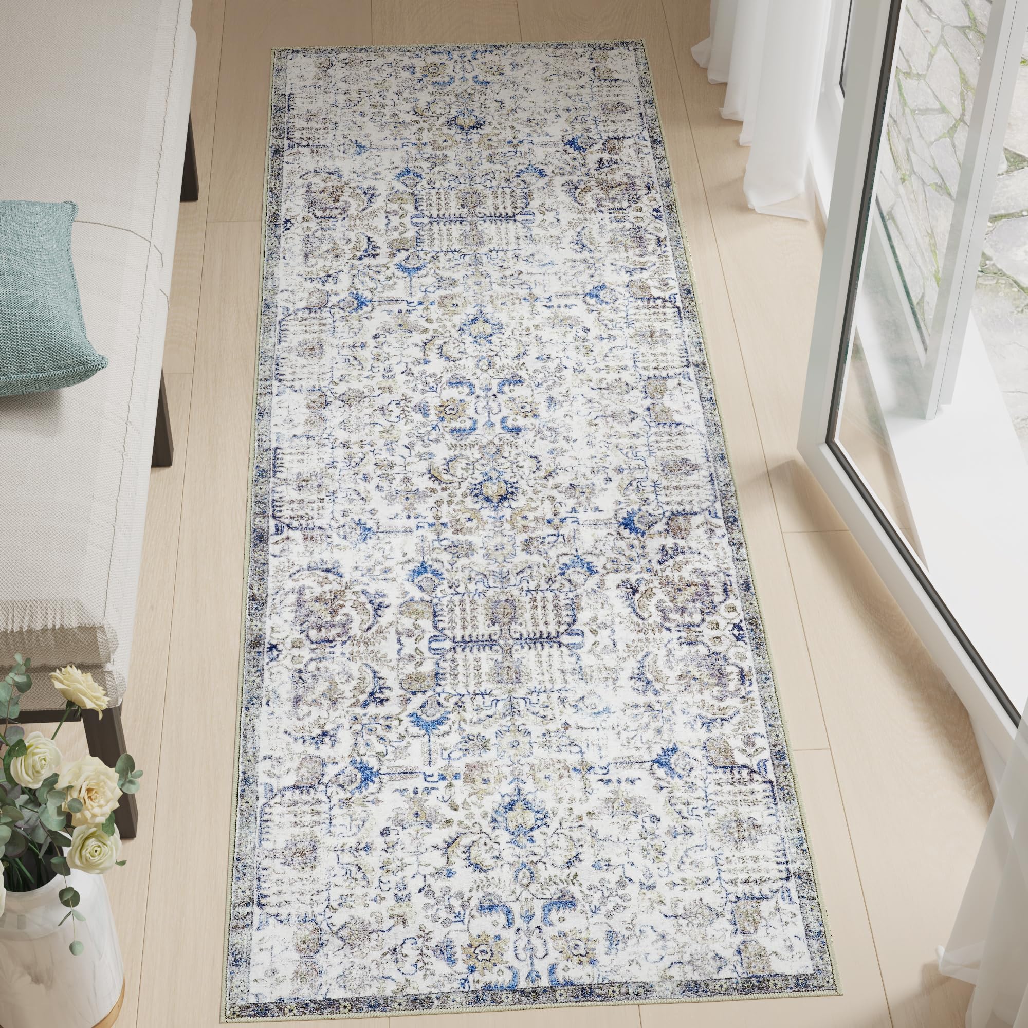jinchan Runner Rug 3x7 Washable Area Rug Soft Indoor Floor Cover Thin Retro Distressed Blue Multi Carpet Floral Print Country Bo