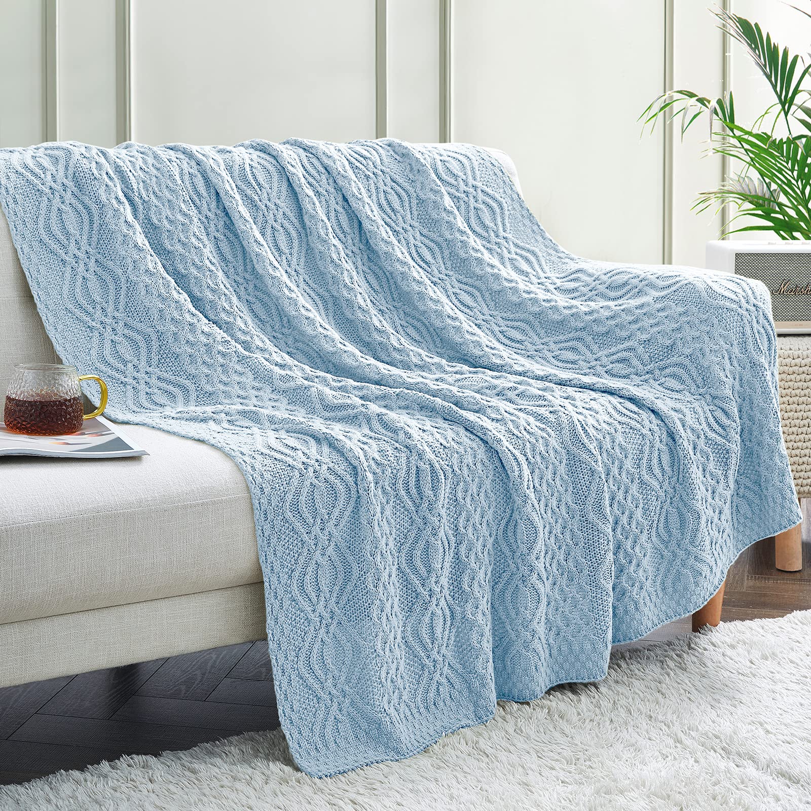Aormenzy Light Blue Cable Knit Throw Blanket, Soft & Warm Knitted Blanket Throw For Couch Bed Sofa Living Room, 50 X 60 Inch