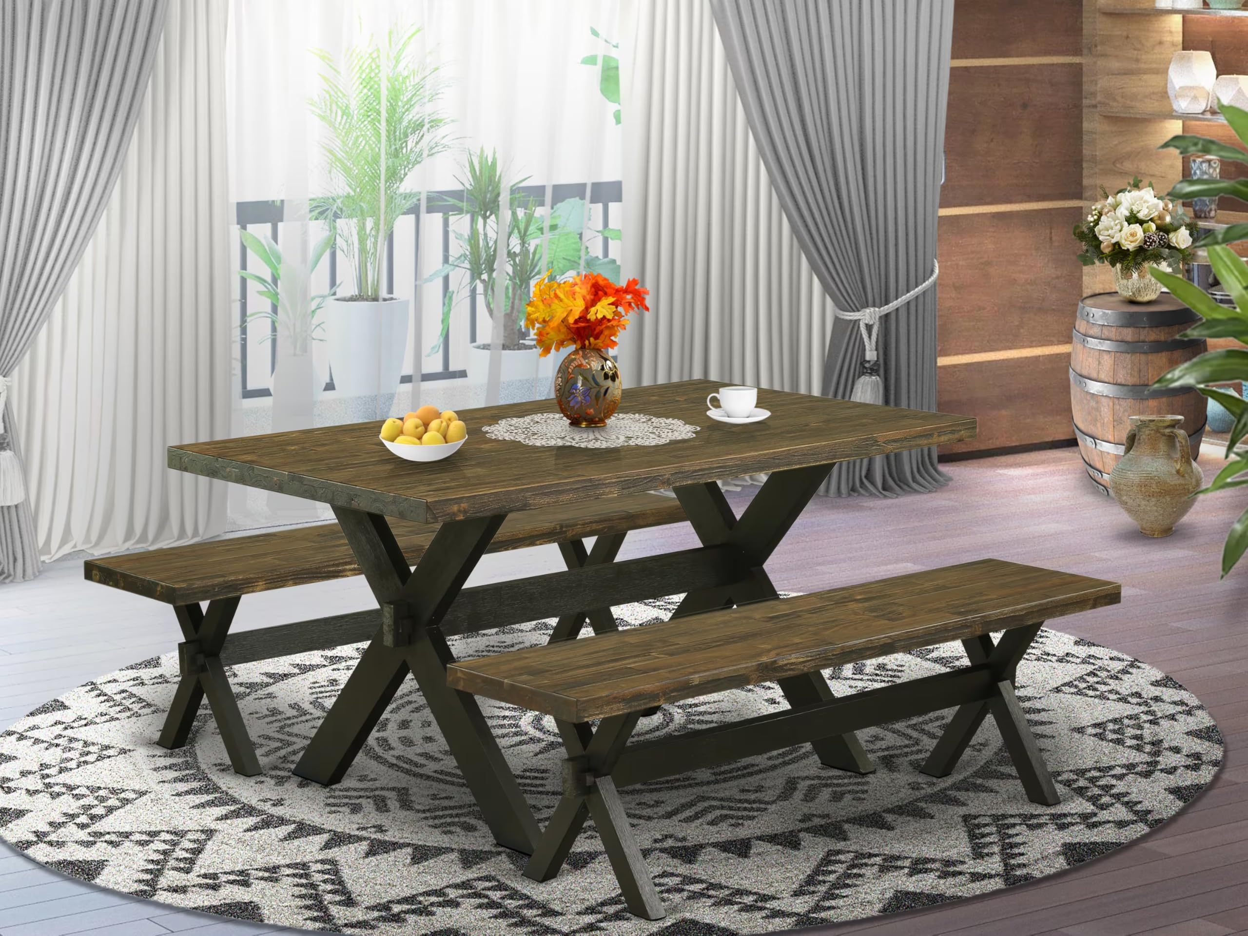 East West Furniture X2-676 3 Piece Kitchen Table Set for Small Spaces Contains a Rectangle Dining Room Table with X-Legs and 2 Dining Bench, 36x60 Inch, Multi-Color