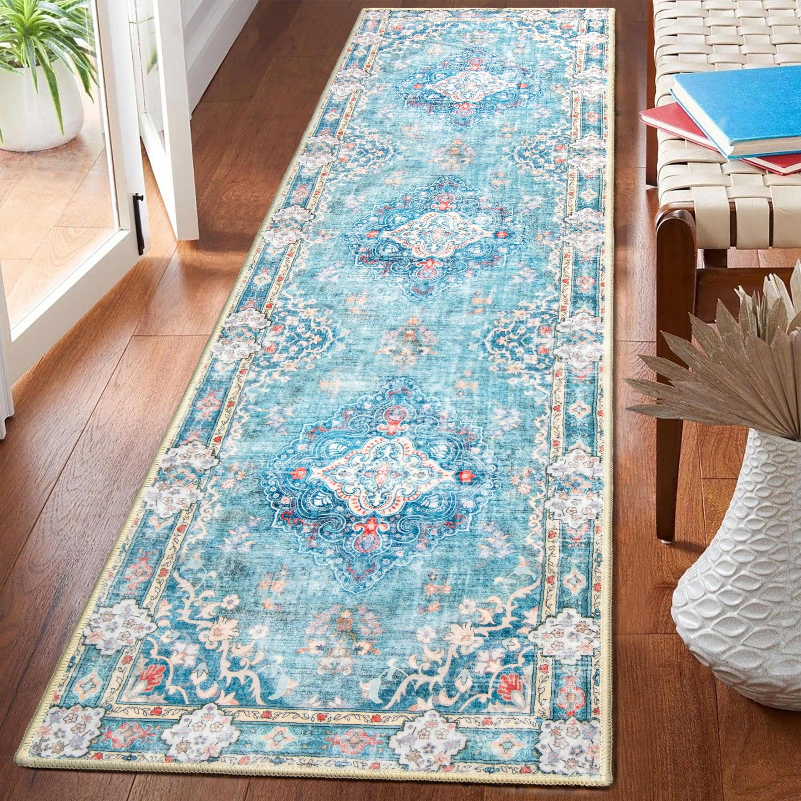 MUJOO Hallway Runner Rug 2x8 Teal Long Rug Runners Boho Machine Washable Non Slip Carpet for Entryway Kitchen Bathroom Bedside