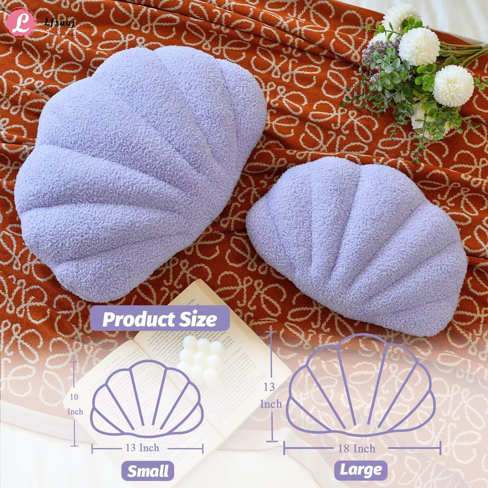 Lfsaaj Lavender Seashell Throw Pillows, Shell Shaped Throw Pillows, 13 Inch Soft Home Decorative Pillow Plush Cushion For Bed Co