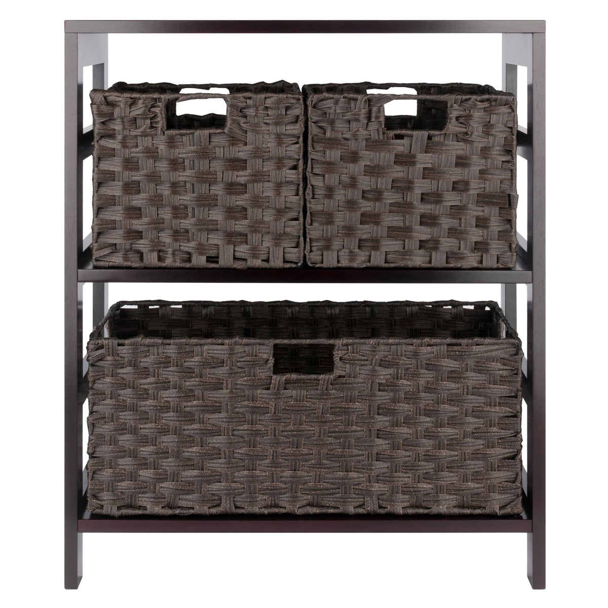 Leo 4Pc Storage Shelf With 3 Foldable Woven Baskets, Espresso And Chocolate