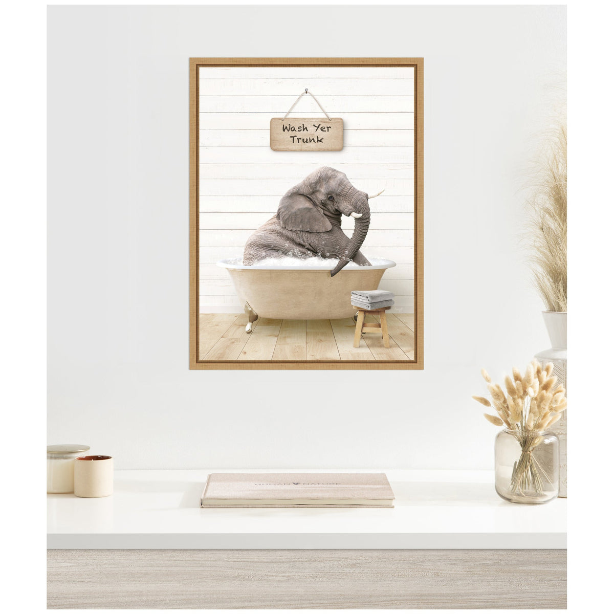 Sylvie Young Elephant in Modern Bathtub  Wash Your Trunk Framed Canvas by Amy Peterson