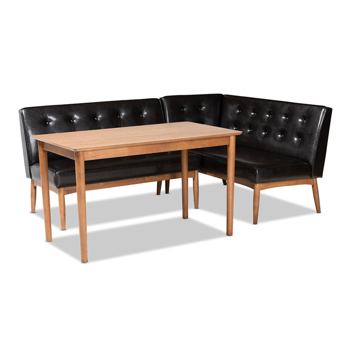 Baxton Studio Arvid Midcentury Modern Dark Brown Faux Leather Upholstered 3Piece Wood Dining Nook Set