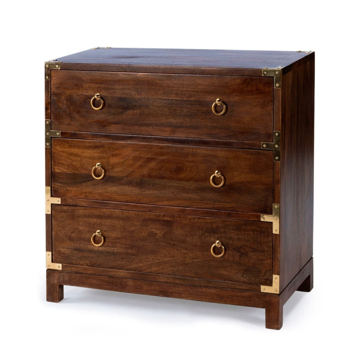 Dark Walnut Threedrawer Campaign Chest With Antique Brass Accents  Versatile & Durable Mango Wood Furniture