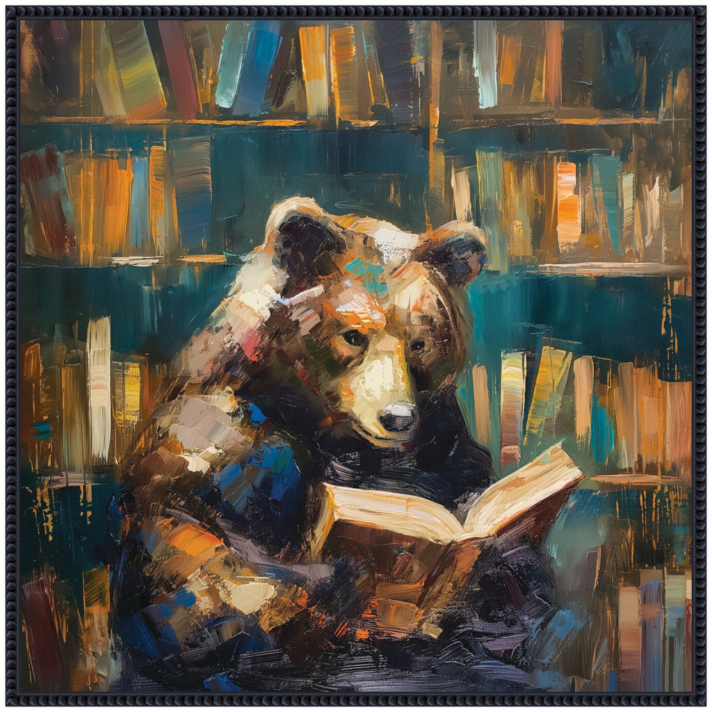 Sylvie Traditional Bear Reading in Library Framed Canvas by The Creative Bunch Studio