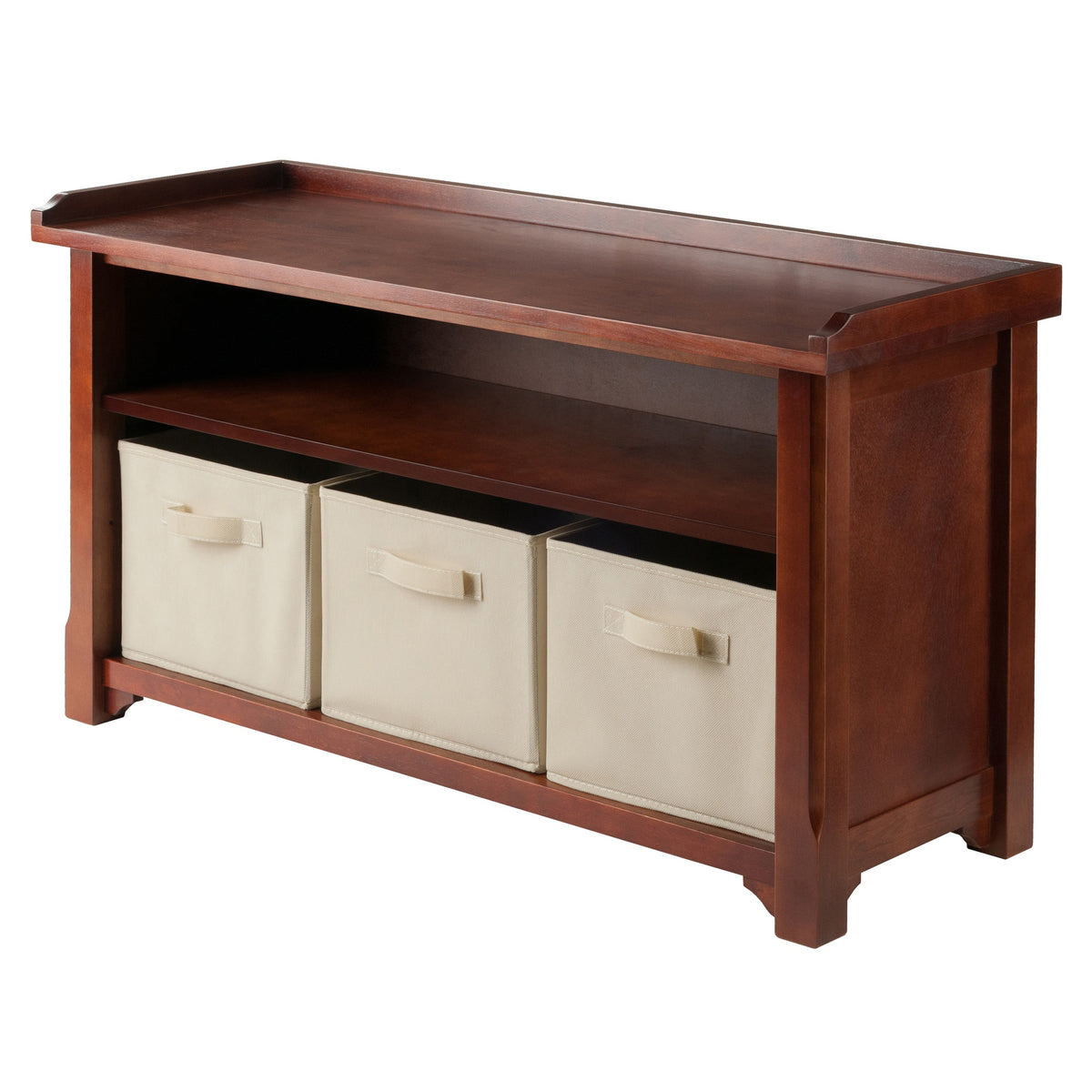 Verona 4Pc Storage Bench With 3 Foldable Fabric Baskets, Walnut And Beige