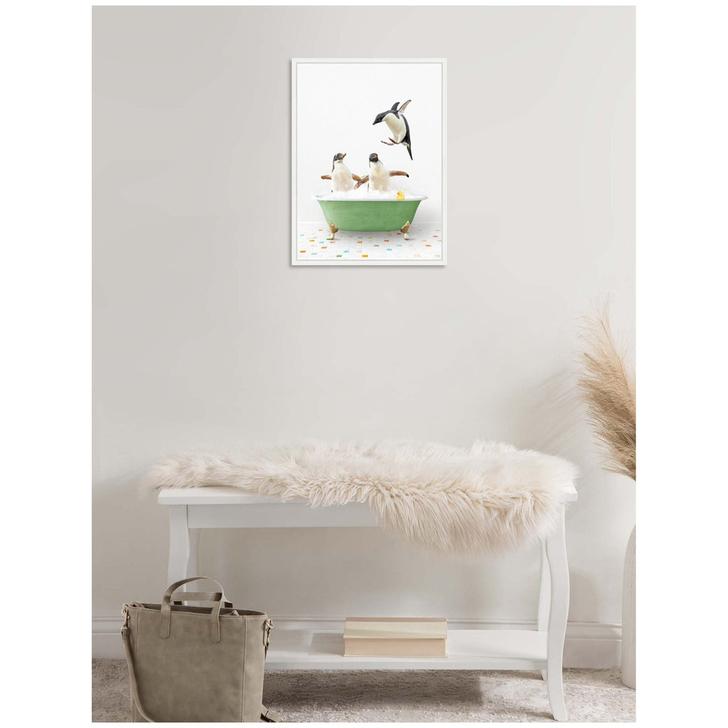 Sylvie Penguins in Green Bathtub on Colored Tile Framed Canvas by Amy Peterson