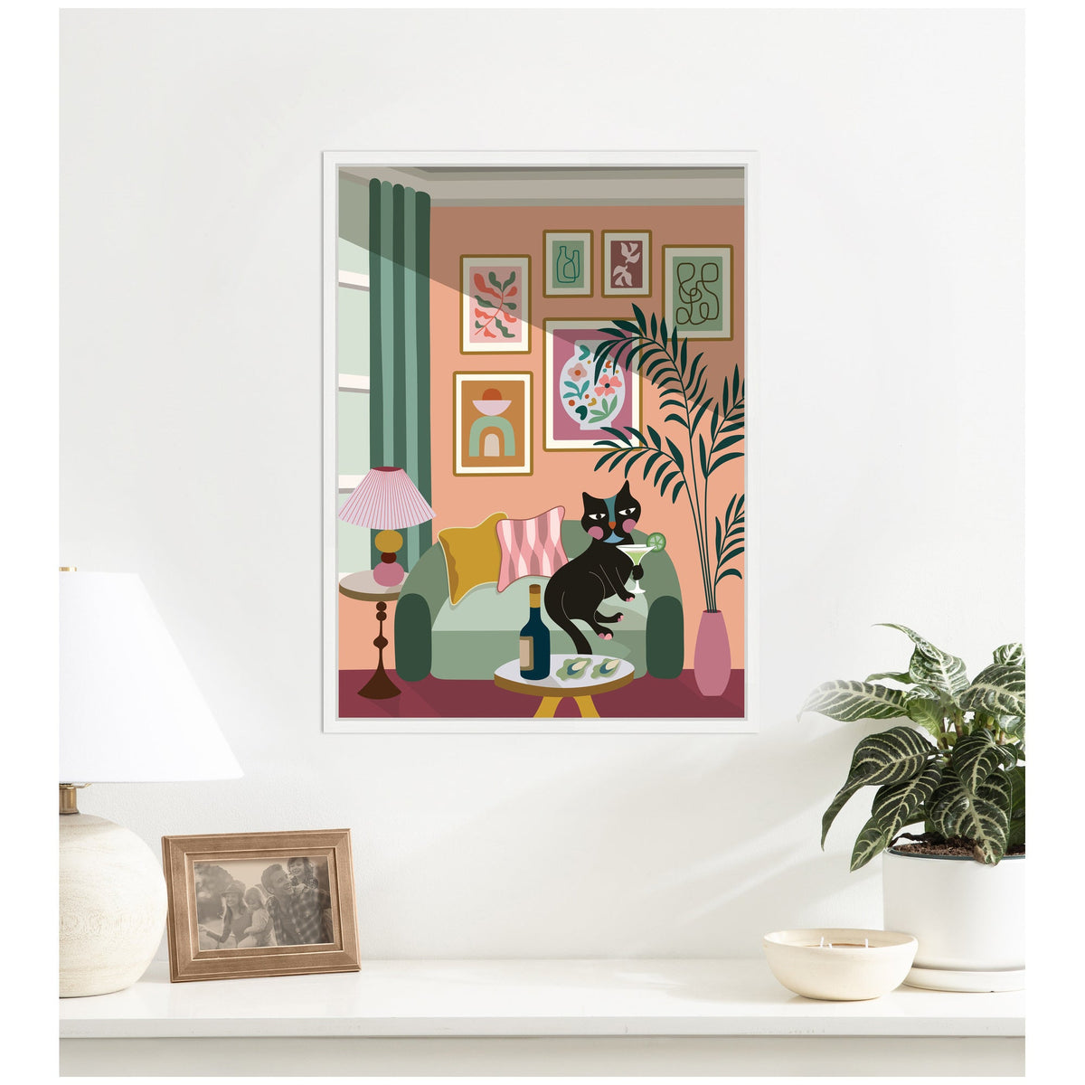 Cocktail Cat by Rachel Lee 3 Birdies Studio Framed Canvas Wall Art Print