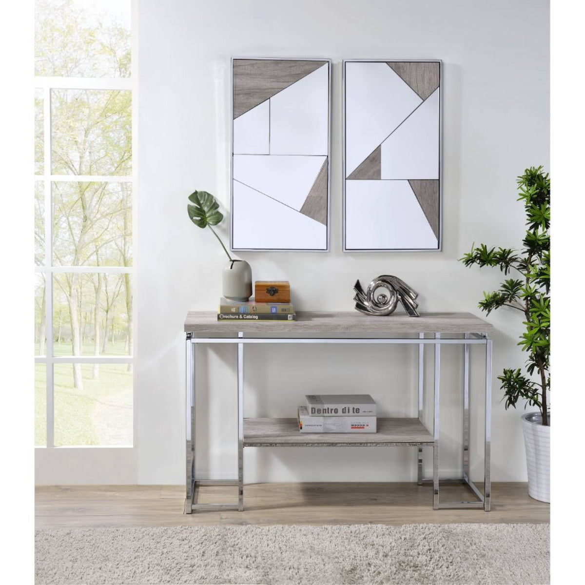 Acme Chafik Metal Frame Wall Accent Mirrors In Chrome And Natural Oak (Set Of 2)