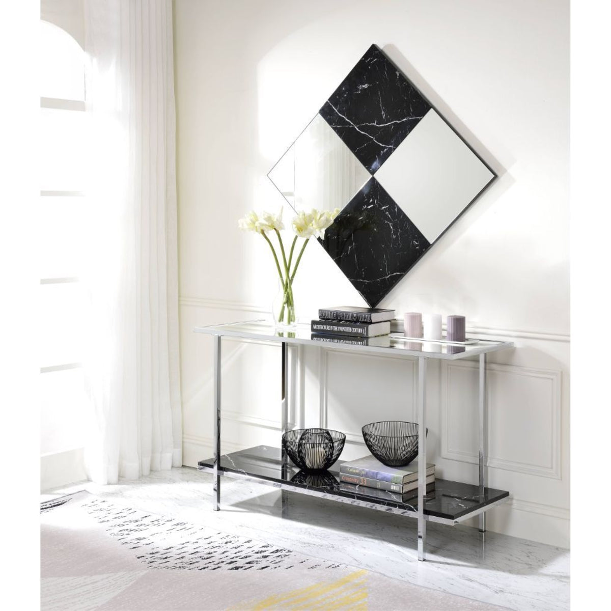 Acme Angwin Wooden Square Wall Accent Mirror In Mirrored And Faux Marble