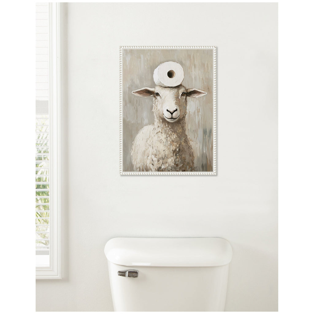 Sylvie Toilet Paper Roll on Cute Sheeps Head Bathroom Art Framed Canvas by The Creative Bunch Studio