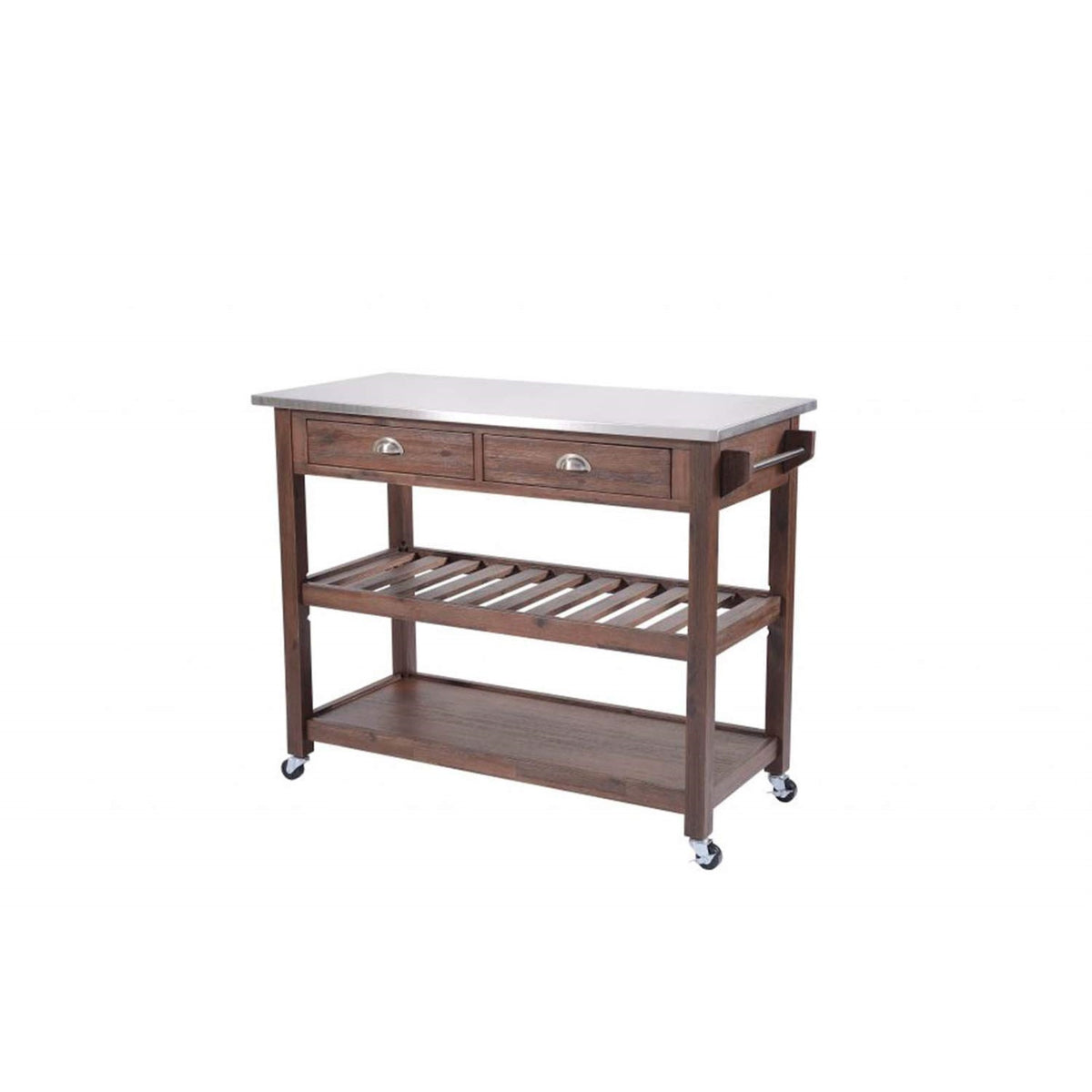 Offex Kitchen Cart With Stainless Steel Countertop And 2 Storage Drawers  Chestnut Wire Brush