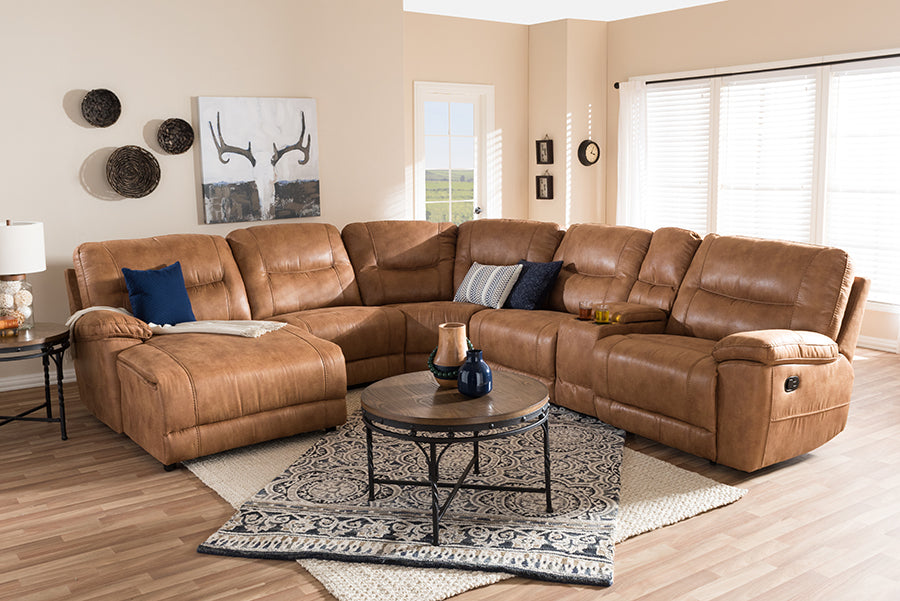 Baxton Studio Mistral Modern And Contemporary Light Brown Palomino Suede 6Piece Sectional With Recliners Corner Lounge Suite