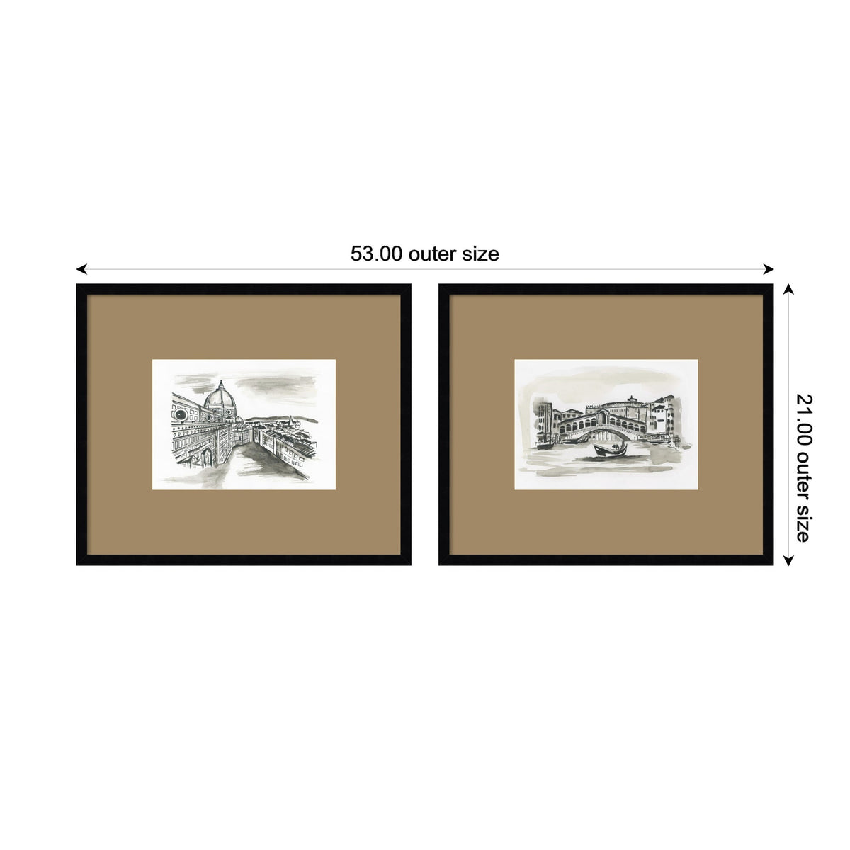 Vintage Postcard Florence & Venice 2 Piece Framed Wall Art Print Set by Teju Reval Brown Mat
