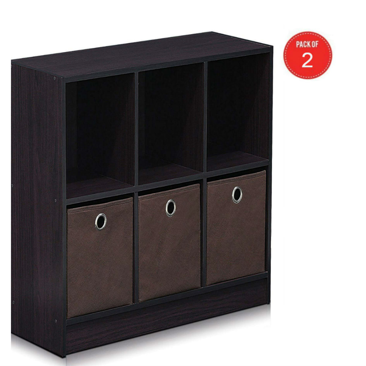 Furinno 99940Dwn Basic 3X2 Bookcase Storage W/Bins, Dark Walnut  2 Pack