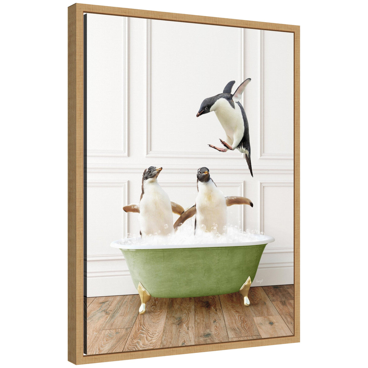 Sylvie Penguins in Transitional Bathtub Framed Canvas by Amy Peterson