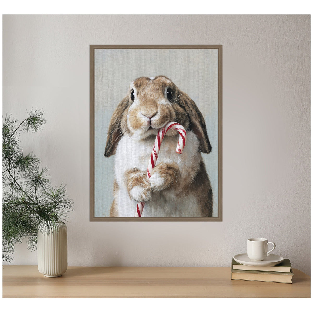Sylvie Framed Canvas Cute Bunny Candy Cane by The Creative Bunch Studio