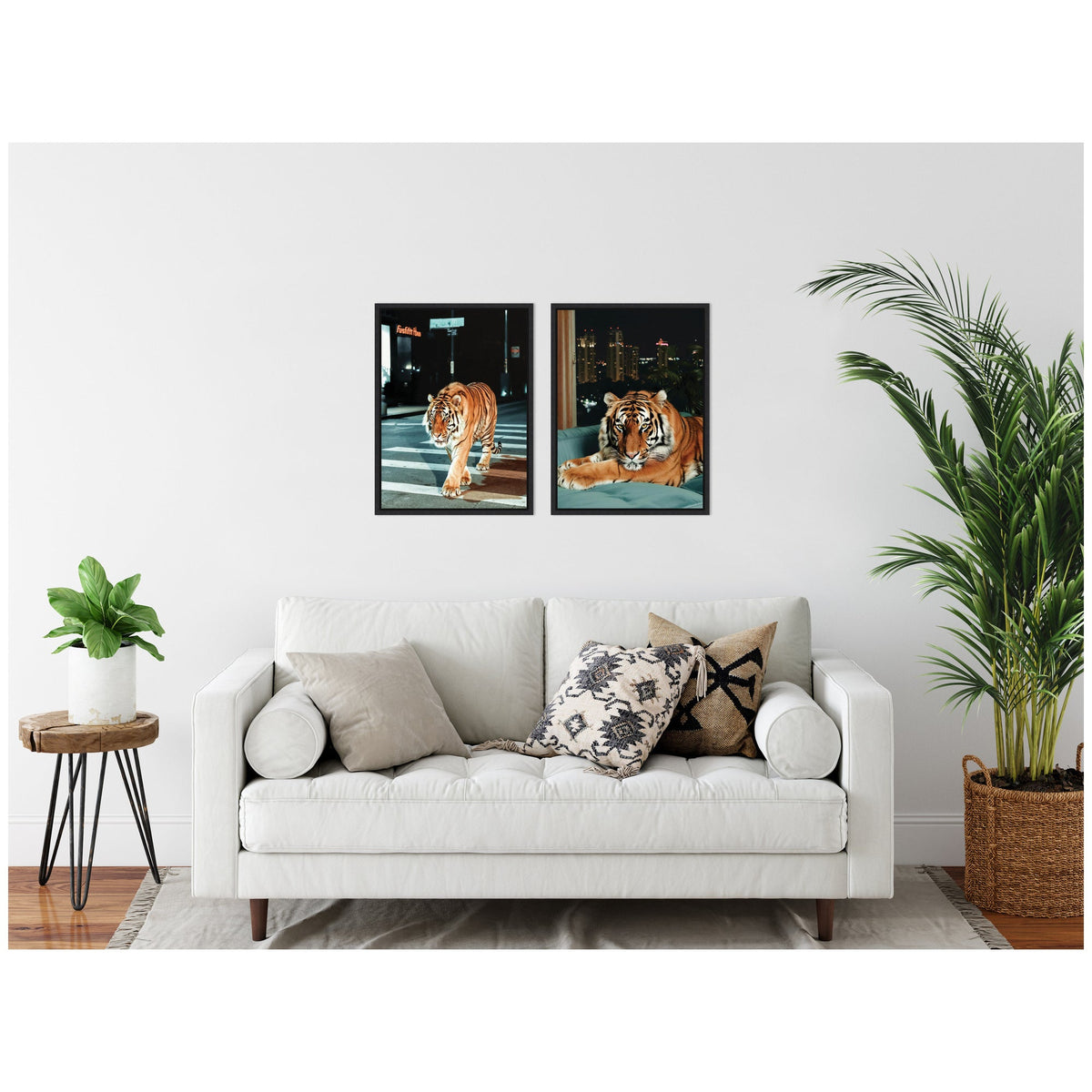 Sylvie Tiger in the City at Night Framed Canvas Art Set by Michael Schauer