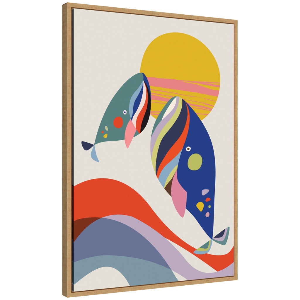 Sylvie Retro Coastal Mom and Baby Whales Framed Canvas by Rachel Lee