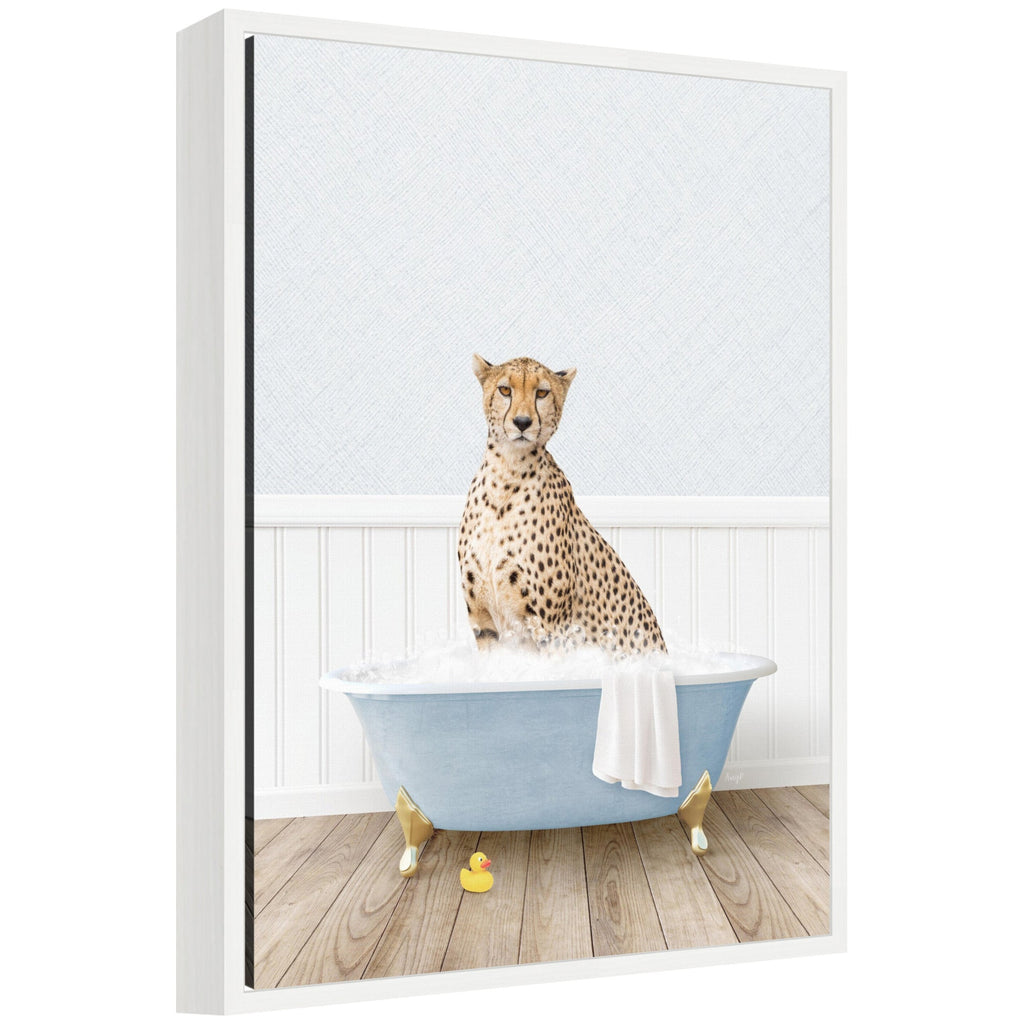 Sylvie Cheetah in Cottage Blue Bathtub Framed Canvas by Amy Peterson