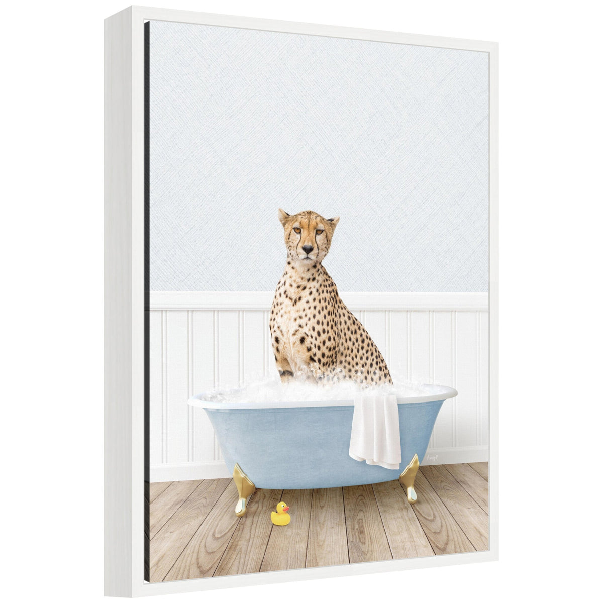 Sylvie Cheetah in Cottage Blue Bathtub Framed Canvas by Amy Peterson
