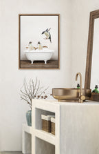 Sylvie Penguins Playing in Rustic Bath Framed Canvas by Amy Peterson Art Studio