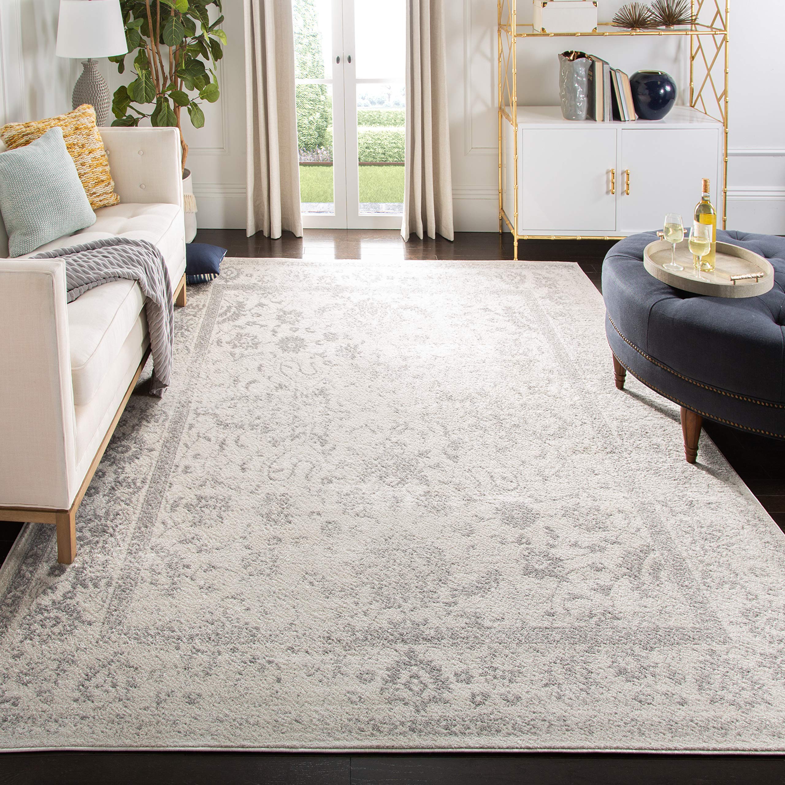 SAFAVIEH Adirondack Collection Area Rug - 12 Square, Ivory & Silver, Oriental Distressed Design, Non-Shedding & Easy Care, Idea