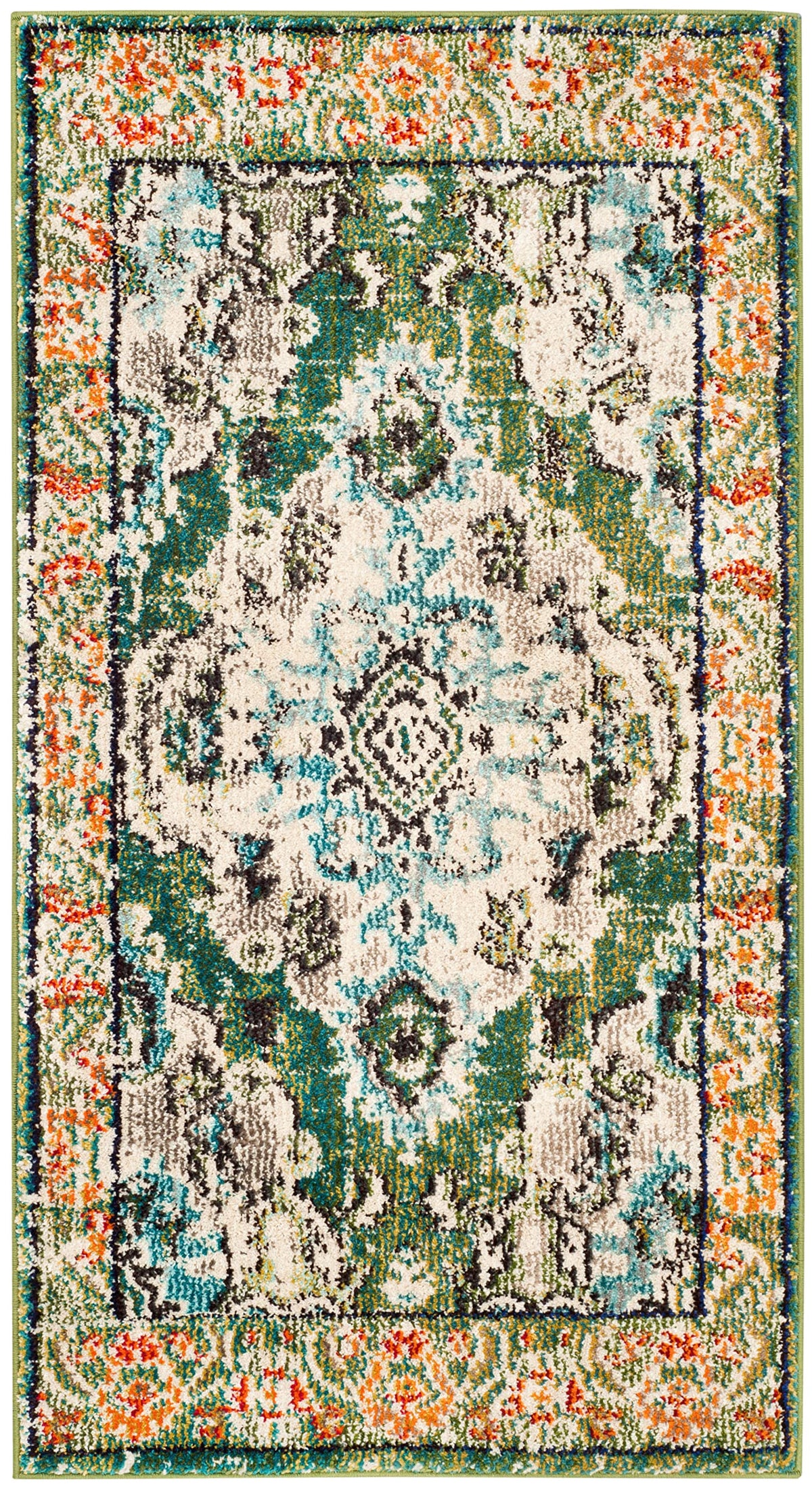 SAFAVIEH Monaco Collection Accent Rug - 22 x 4, Forest Green & Light Blue, Boho Medallion Design, Non-Shedding & Easy Care, Id