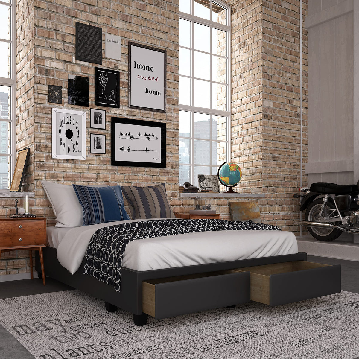 Boyd Sleep Parma Uplift Upholstered Platform Bed Frame Mattress Foundation, Dual Front Storage Drawers, and Strong Wood Slat Supports: Faux Leather, Black, Full