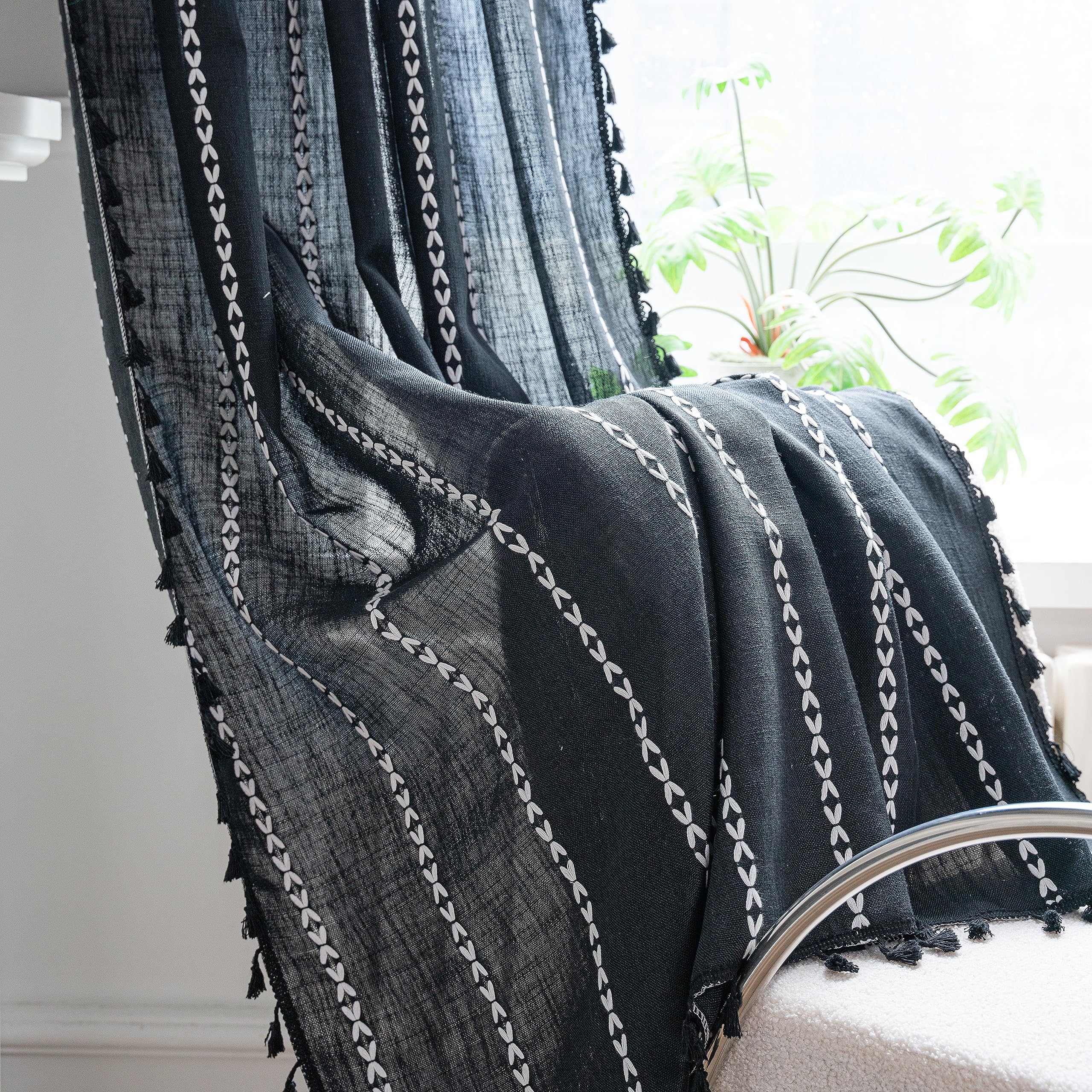 Sutuo Home Boho Curtain For Bedroom, Semi Blackout Linen Farmhouse Shabby Chic Tassels Window Treatment Bohemian Embroidery Drap