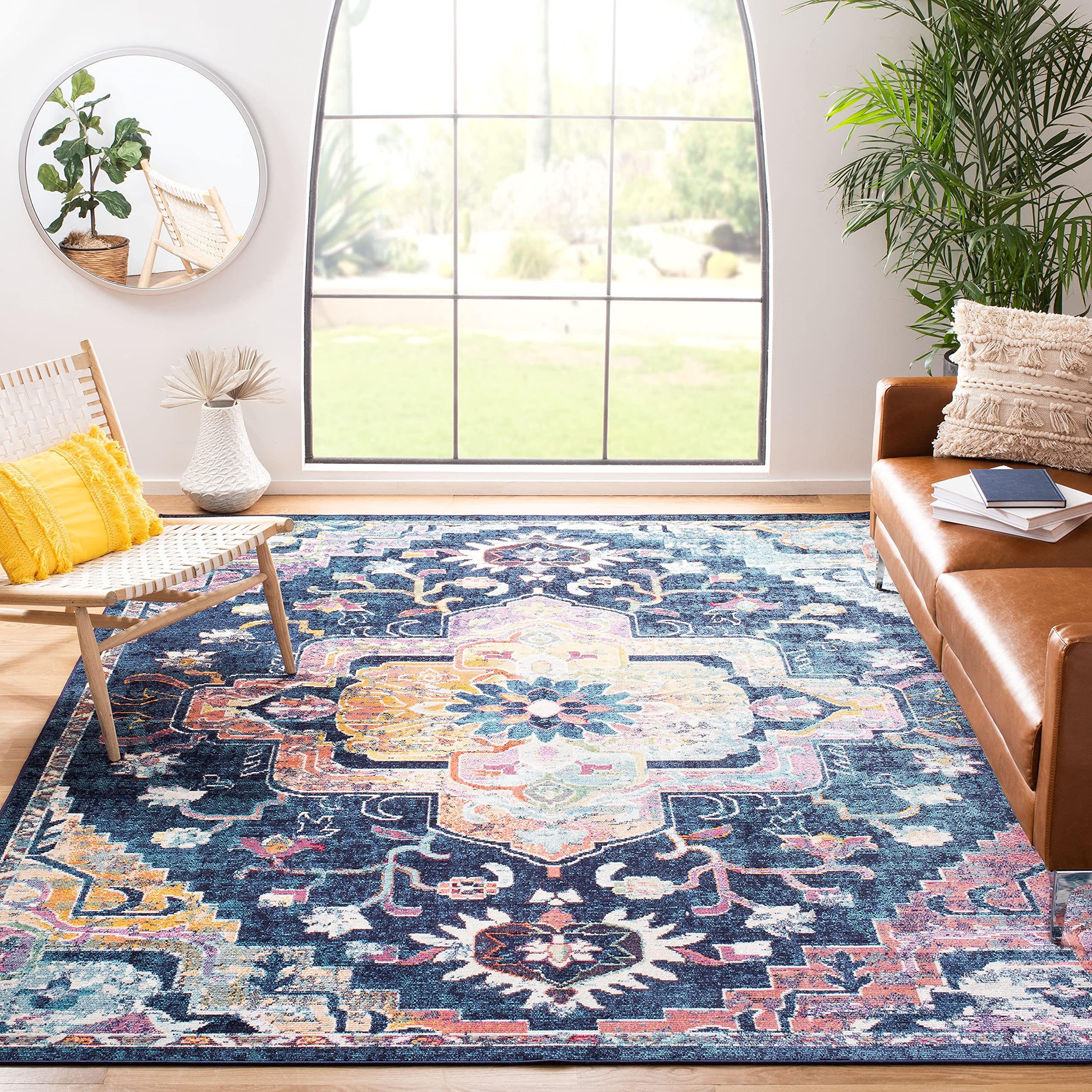 SAFAVIEH Crystal Collection Area Rug - 5 x 8, Navy & Fuchsia, Medallion Distressed Design, Non-Shedding & Easy Care, Ideal for