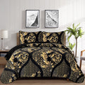 Black Quilt Set Queen Size, Boho Gold Damask Bedspread Coverlet Set Soft Lightweight Microfiber Luxury Bedding Set 3 Pieces For