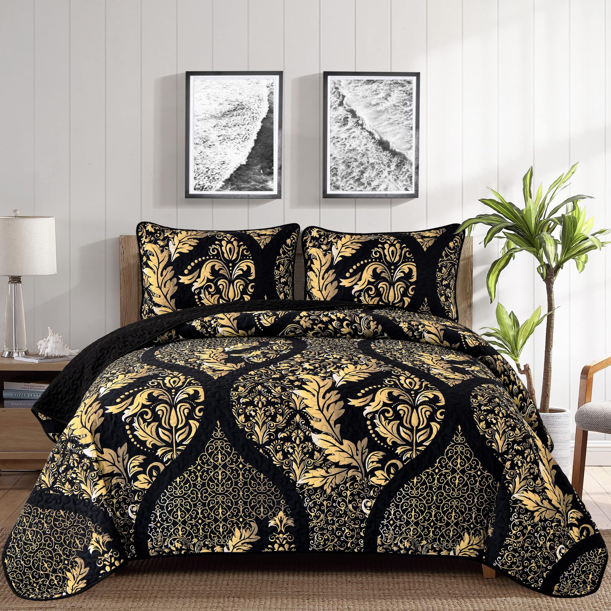 Black Quilt Set Queen Size, Boho Gold Damask Bedspread Coverlet Set Soft Lightweight Microfiber Luxury Bedding Set 3 Pieces For